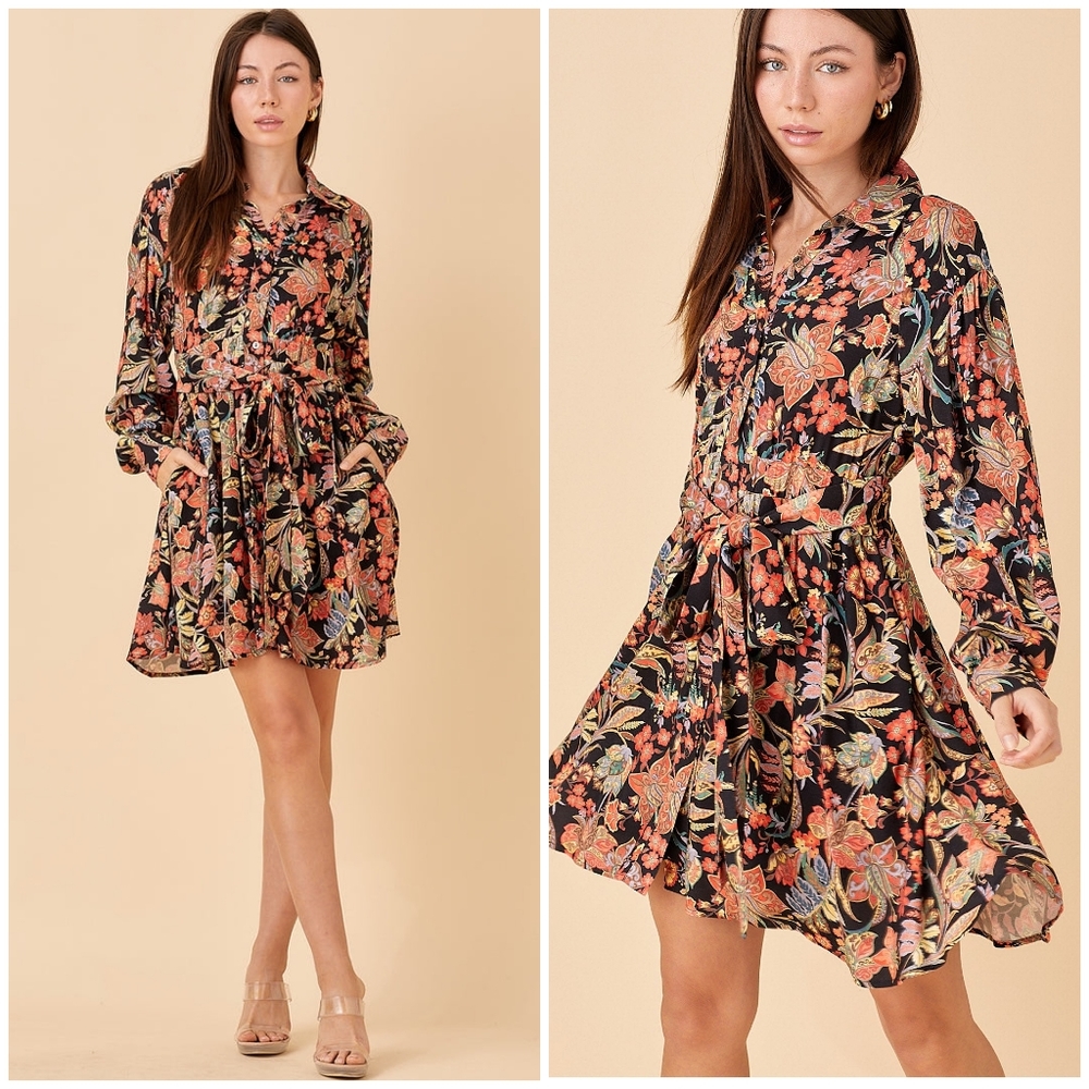 FEW LEFT❗️POLAGRAM Black Floral Long Sleeves Short Dress - Picture 7 of 8